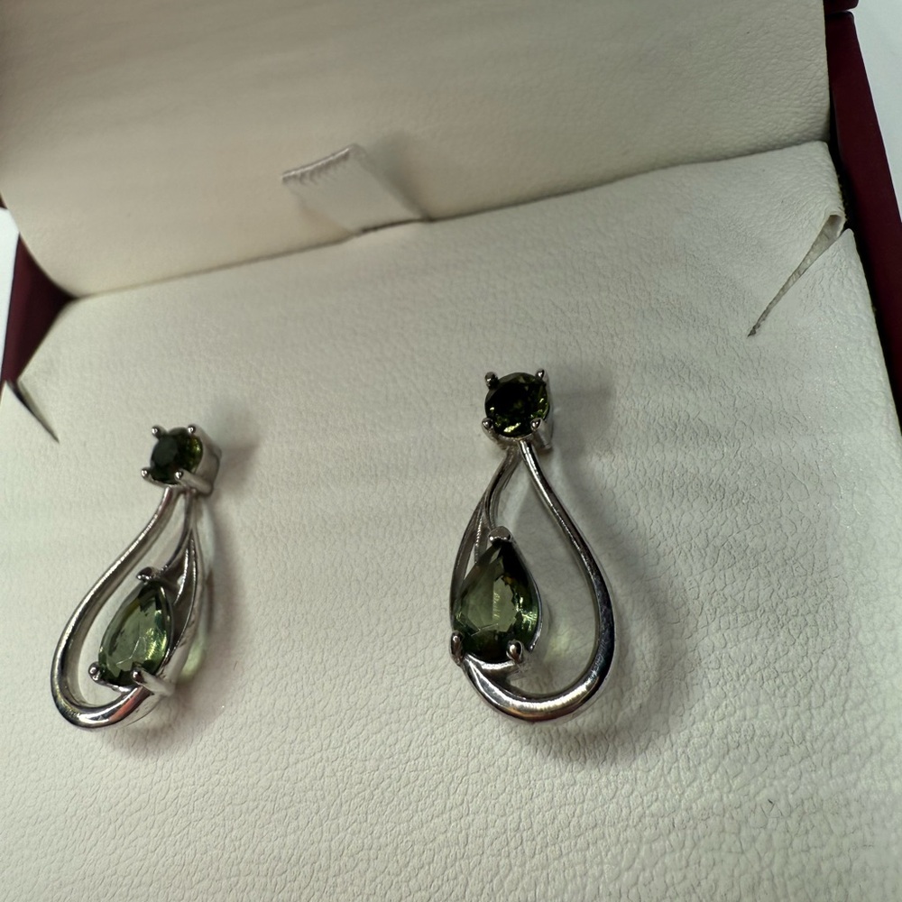Custom Sterling Silver Moldavite Teardrop Earrings - Everyday Women's Jewelry - Picture 2 of 7